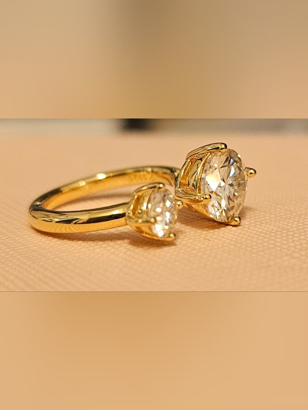925 STERLING SILVER 18K Plated Open Front 2 Stone Moissanite Ring SZ 4 to 6